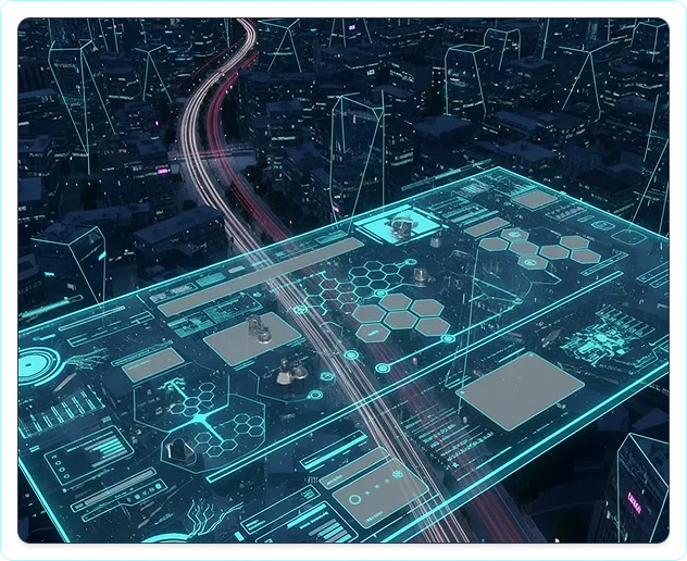 Città futuristica vista dall’alto con un’interfaccia olografica per l’analisi strategica, griglie esagonali, diagrammi decisionali e componenti generici di giochi da tavolo.